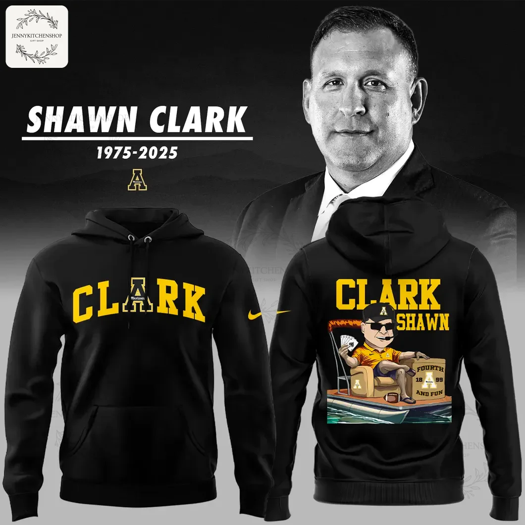 Front and back of a black hoodie honoring coach Shawn Clark. The front shows CLARK in yellow, the back has a cartoon graphic.