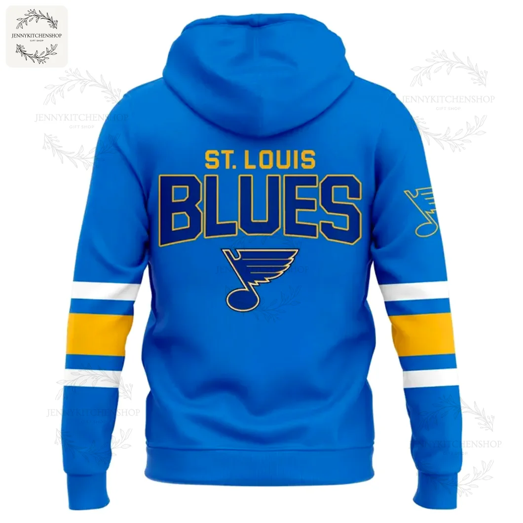 Back of the St Louis Blues 2025 Limited Hoodie, showing the 'ST. LOUIS BLUES' text and classic Blue Note logo.