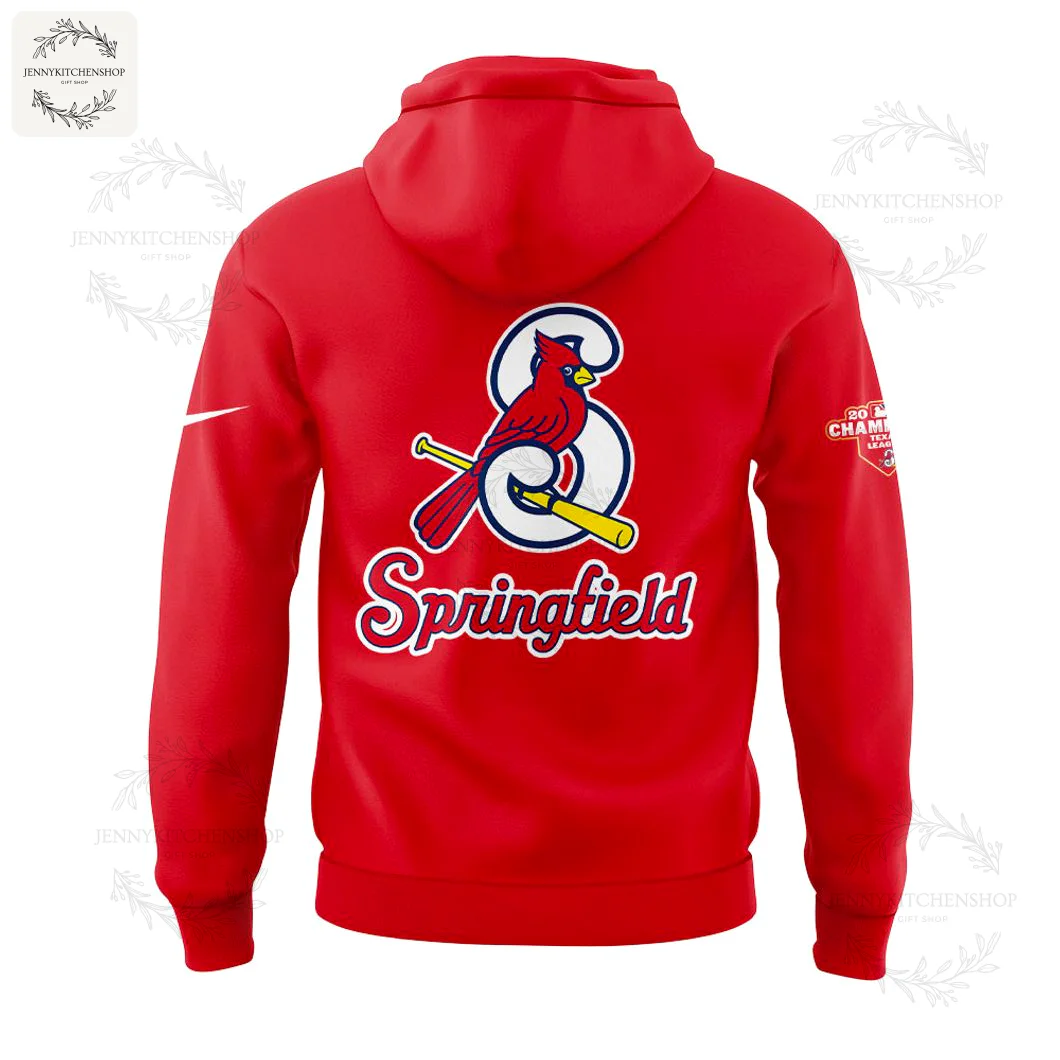 Back view of the red hoodie with the Springfield Cardinals logo and the word Springfield printed in large script lettering.