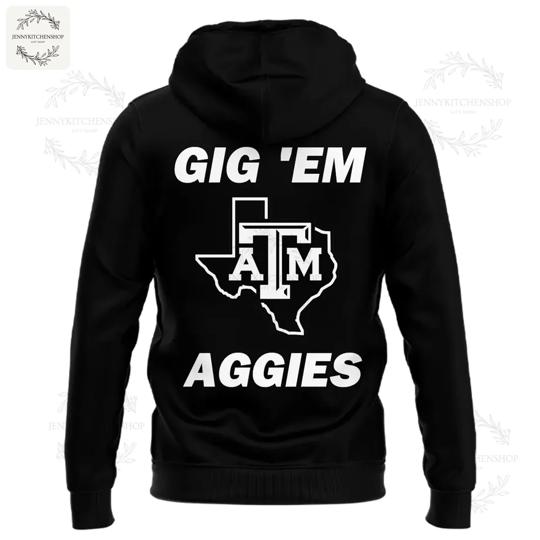 Back of the black Texas A&M hoodie with 'GIG 'EM AGGIES' and the ATM logo inside a Texas state outline in white.