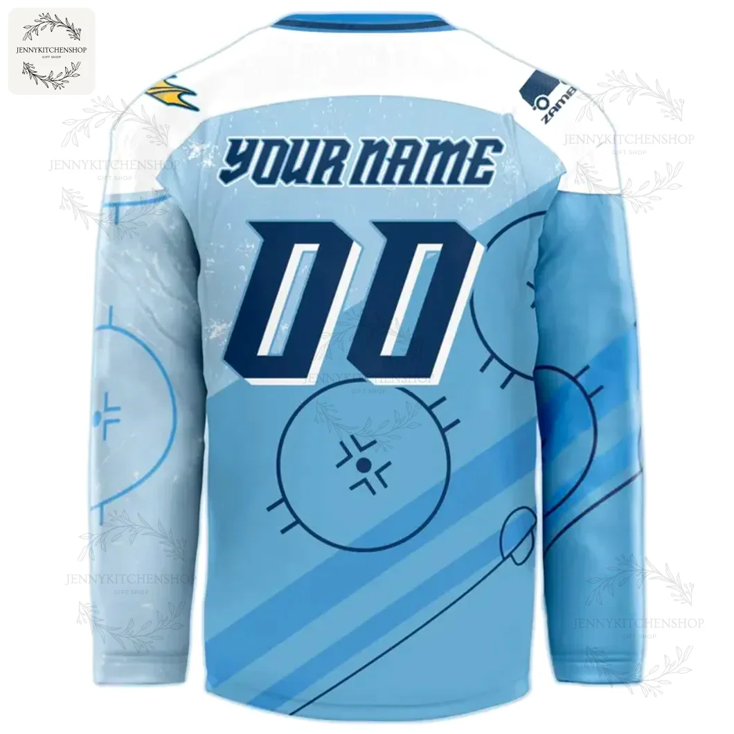 Back of Toledo Walleye Zamboni Night jersey displaying customizable "YOUR NAME" and number "00" over a light blue rink graphic background with white upper yoke and team accent logos