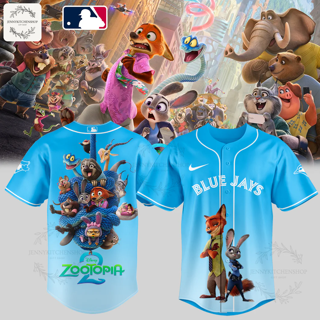 Front and back of the light blue Toronto Blue Jays jersey featuring Zootopia 2 characters Nick Wilde, Judy Hopps, and more.