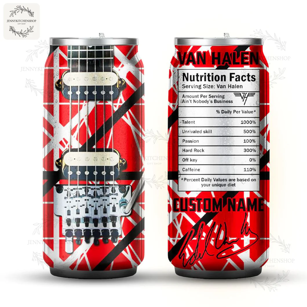 Front and back view of the Van Halen can tumbler, displaying the Frankenstrat guitar design and a customizable nutrition facts label.