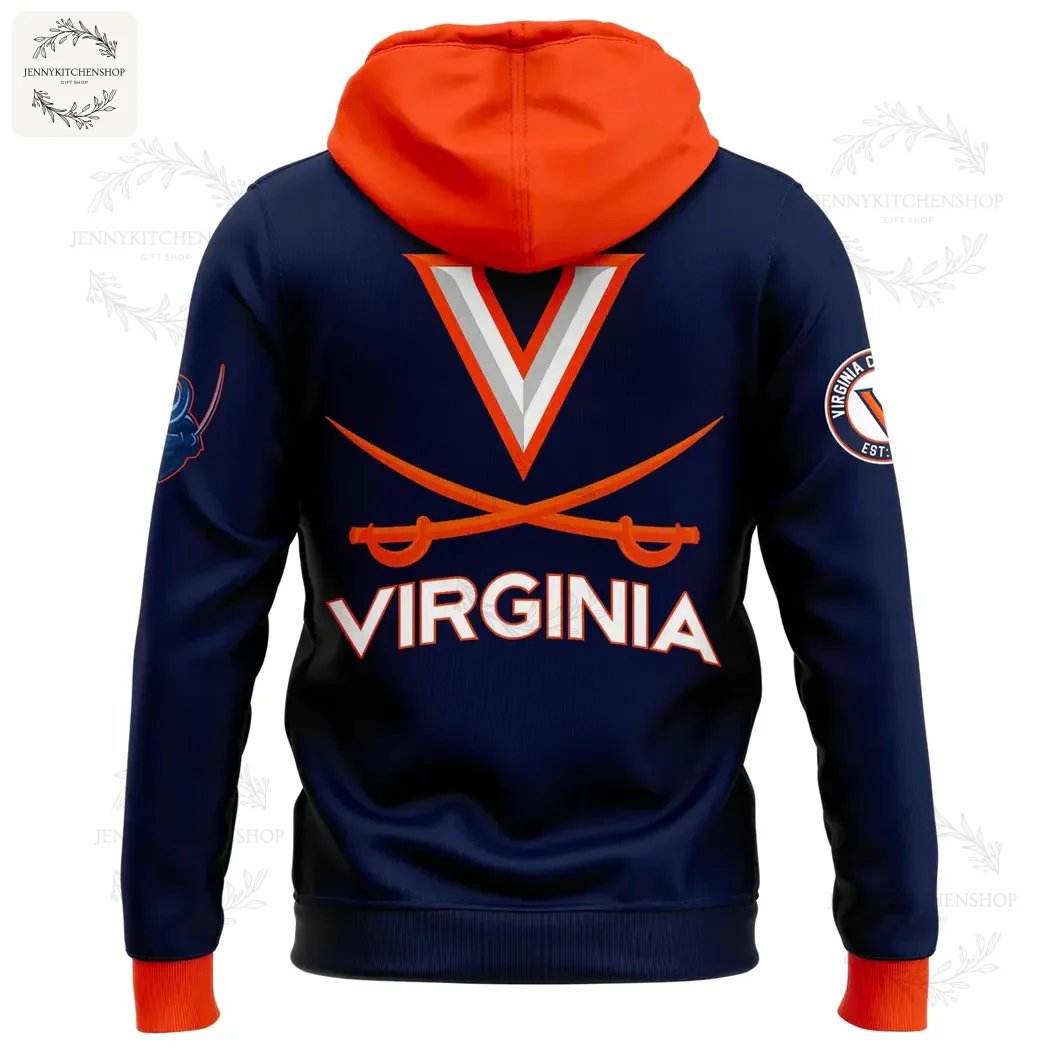 Back of the navy blue Virginia Cavaliers hoodie showing the large V logo with crossed sabres and the word VIRGINIA in white.