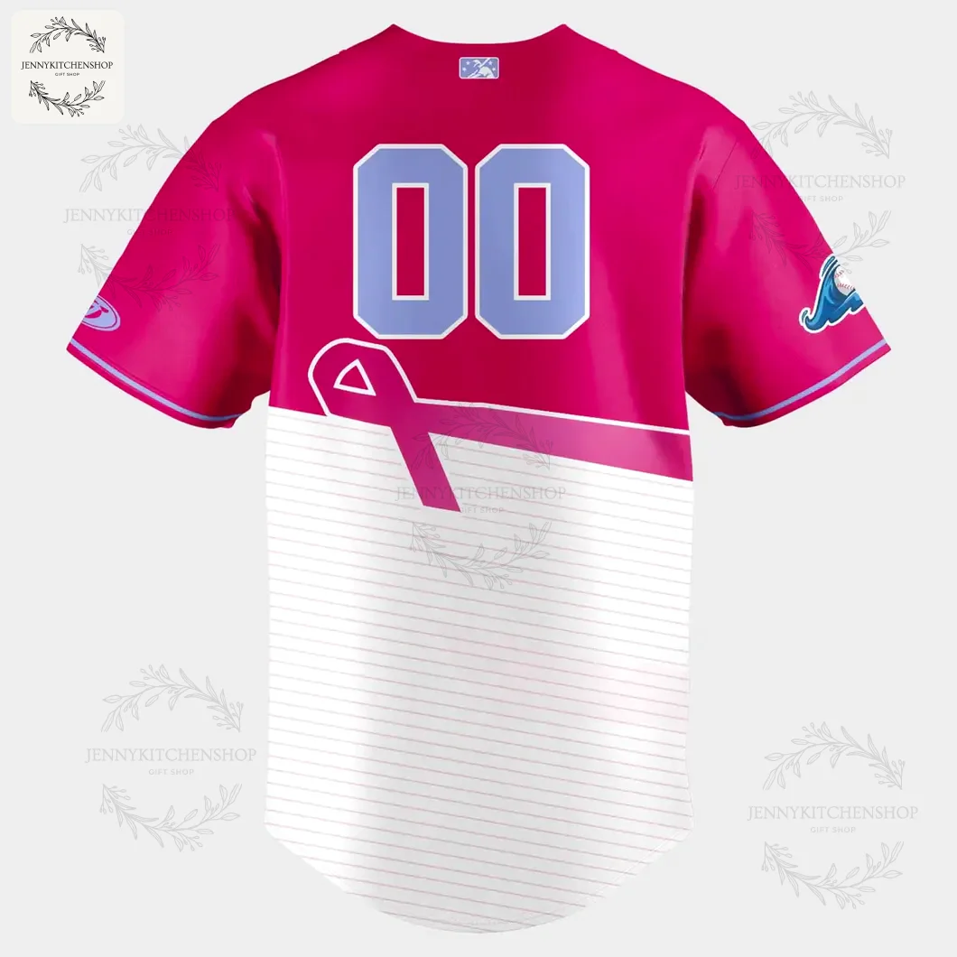 Back of the West Michigan Whitecaps Paint the Park Pink baseball jersey, showing the customizable numbers and pink ribbon detail.