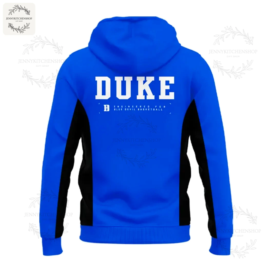 Back of the royal blue 2025 Duke Blue Devils zip hoodie featuring "DUKE" in large white letters across the shoulders.