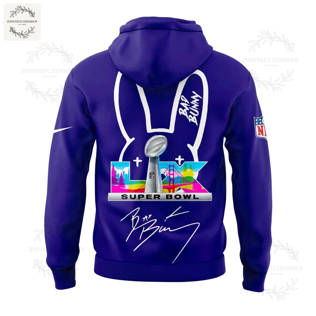 The back of the purple Baltimore Ravens x Bad Bunny hoodie with a large bunny ear graphic, the Super Bowl LIX logo, and a signature.