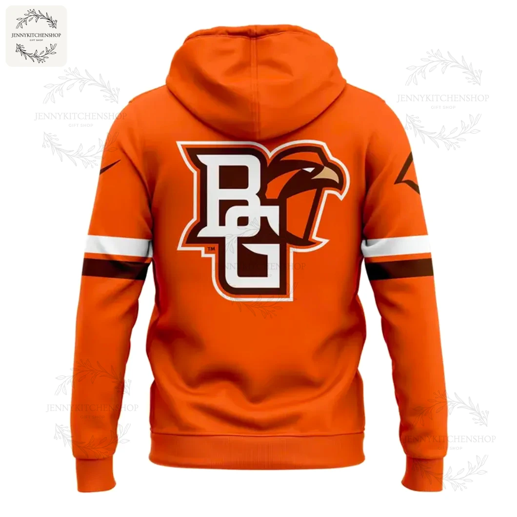 Back of the orange BGSU hoodie showcasing the large Bowling Green Falcons BG logo with a falcon head emblem.