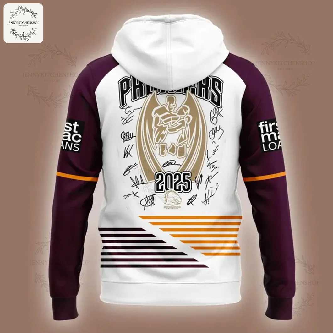 Close-up back view of the Brisbane Broncos 2025 NRL Premiers hoodie, featuring the Premiers trophy graphic and player signatures.