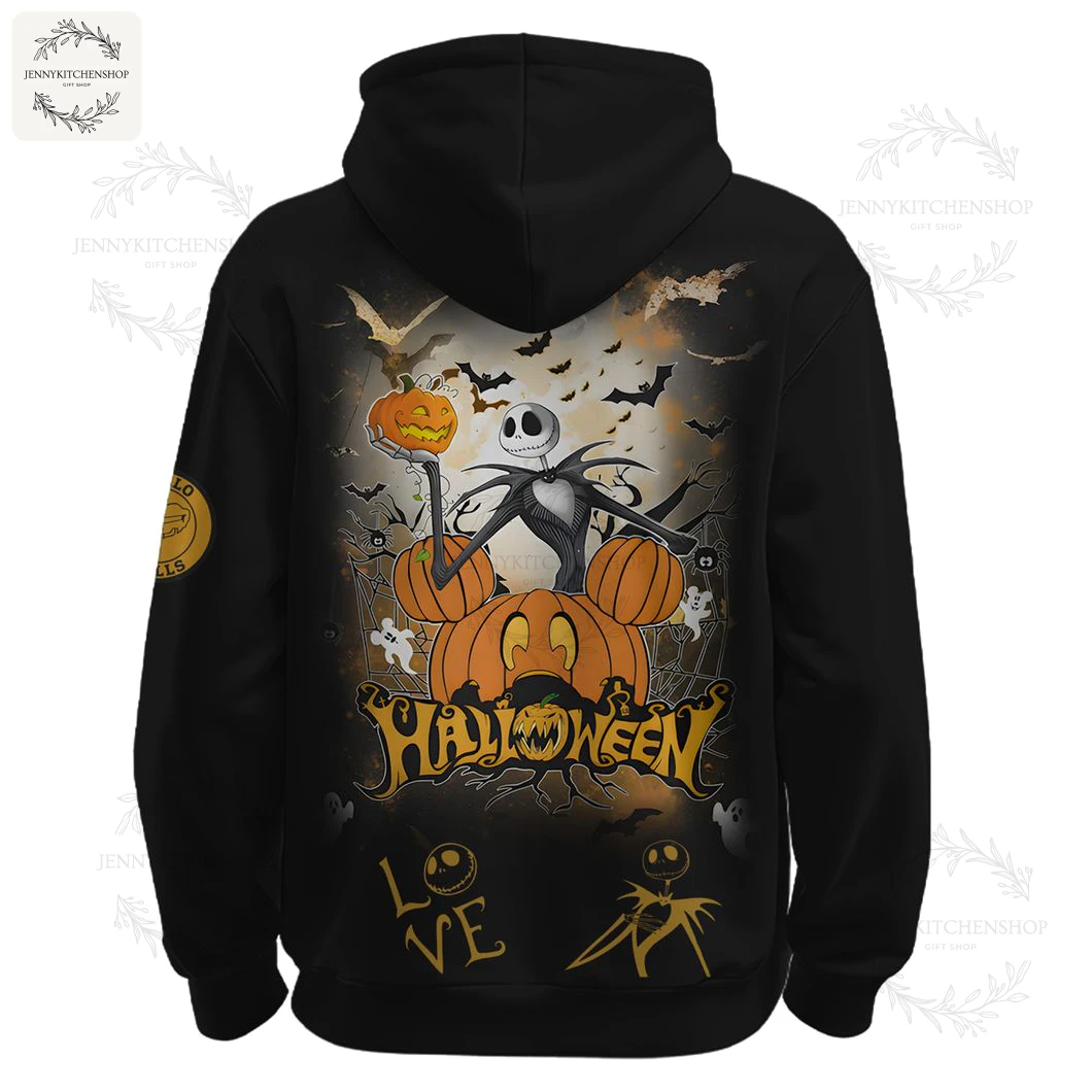 Back of the black Buffalo Bills hoodie showing a large Jack Skellington and pumpkins Halloween graphic with bats and spooky details.