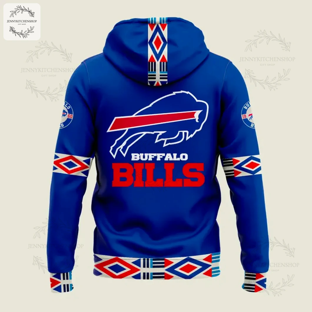 Back view of the blue Buffalo Bills hoodie showing the large team logo and patterned details on the sleeves, hem, and hood.