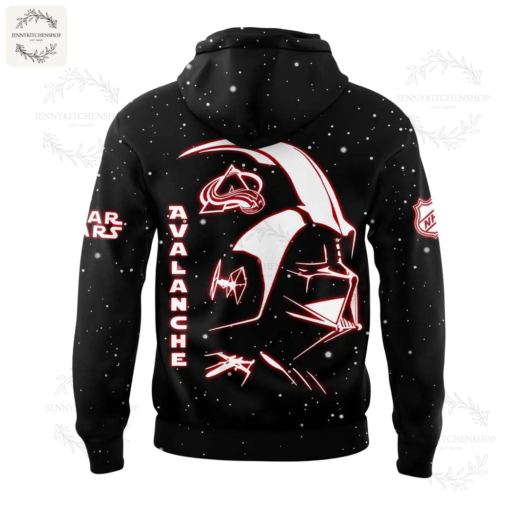 Back of the Colorado Avalanche Star Wars hoodie showing a large Darth Vader graphic with the Avalanche logo on his helmet.