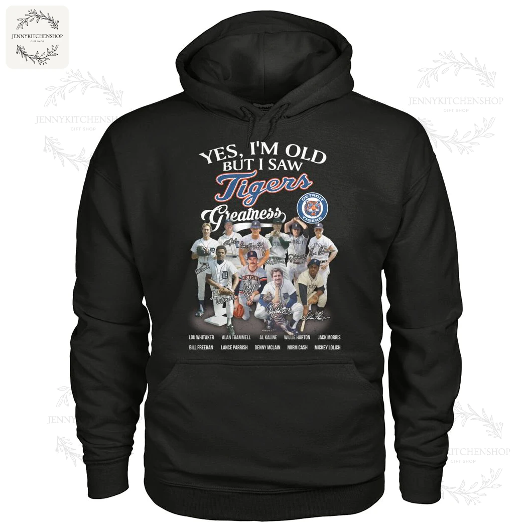 A black pullover hoodie for Detroit Tigers fans celebrating team legends like Al Kaline and Alan Trammell with a vintage graphic.