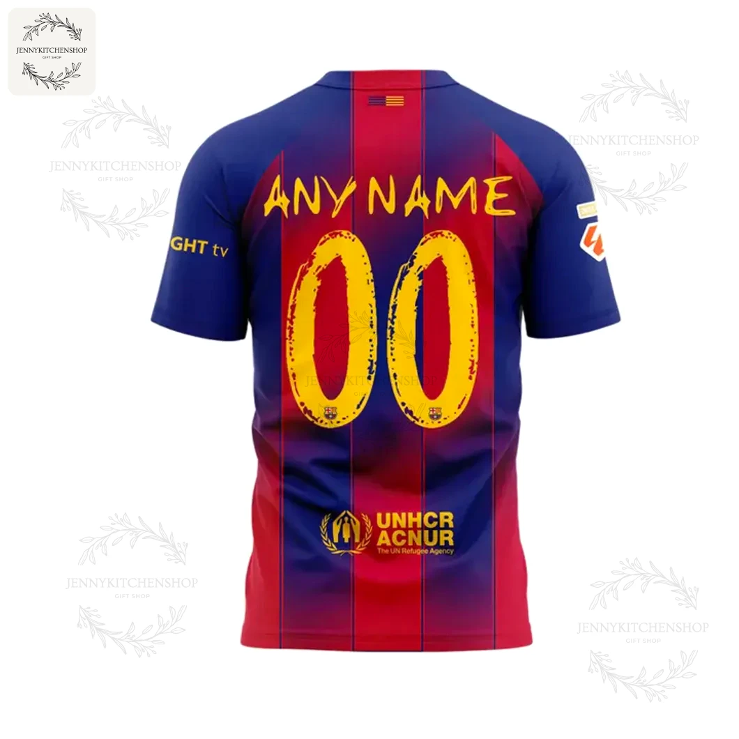 The back of the FC Barcelona x Ed Sheeran t-shirt, showing the option for a custom name and number in a yellow, stylized font.