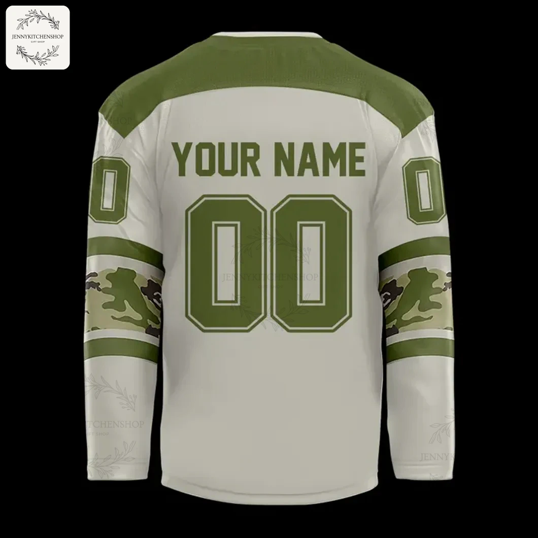 Back of the Fort Wayne Komets Military Appreciation jersey displaying the area for a custom name and number in olive green.