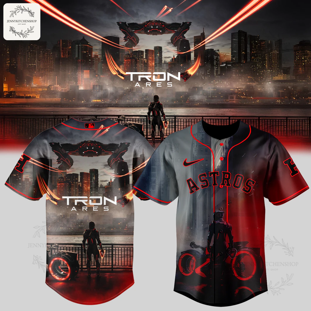 Front and back mockup of the Houston Astros x Tron Ares jersey, featuring a futuristic cityscape, red accents, and the Astros logo.