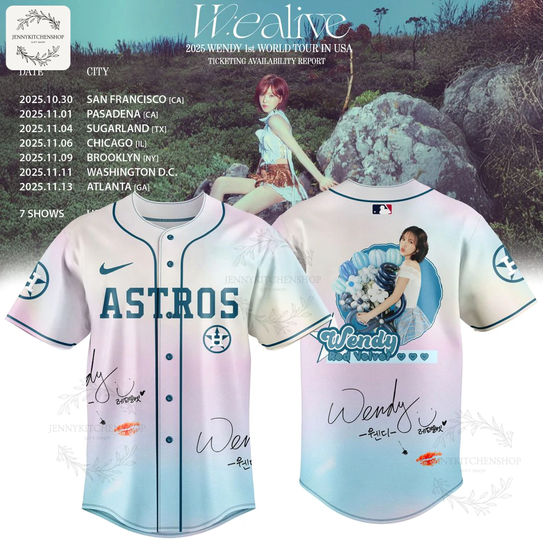 Front view of the Houston Astros x Wendy Wealive 2025 First Solo World Tour Jersey with ASTROS lettering, pastel gradient design, and signatures.