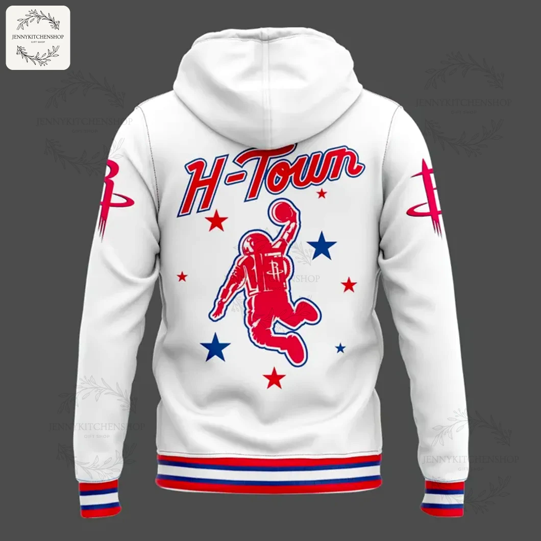 Back view of the white Houston Rockets hoodie, featuring red "H-Town" script above a dunking astronaut graphic with red and blue stars.
