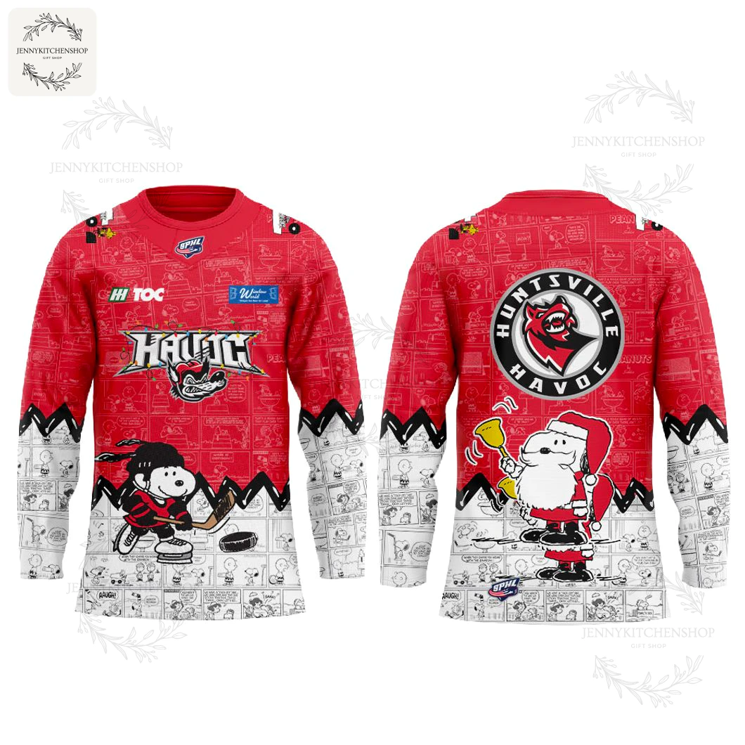 Front and back mockup of the red Huntsville Havoc x Peanuts 2025 hockey jersey on a white background.