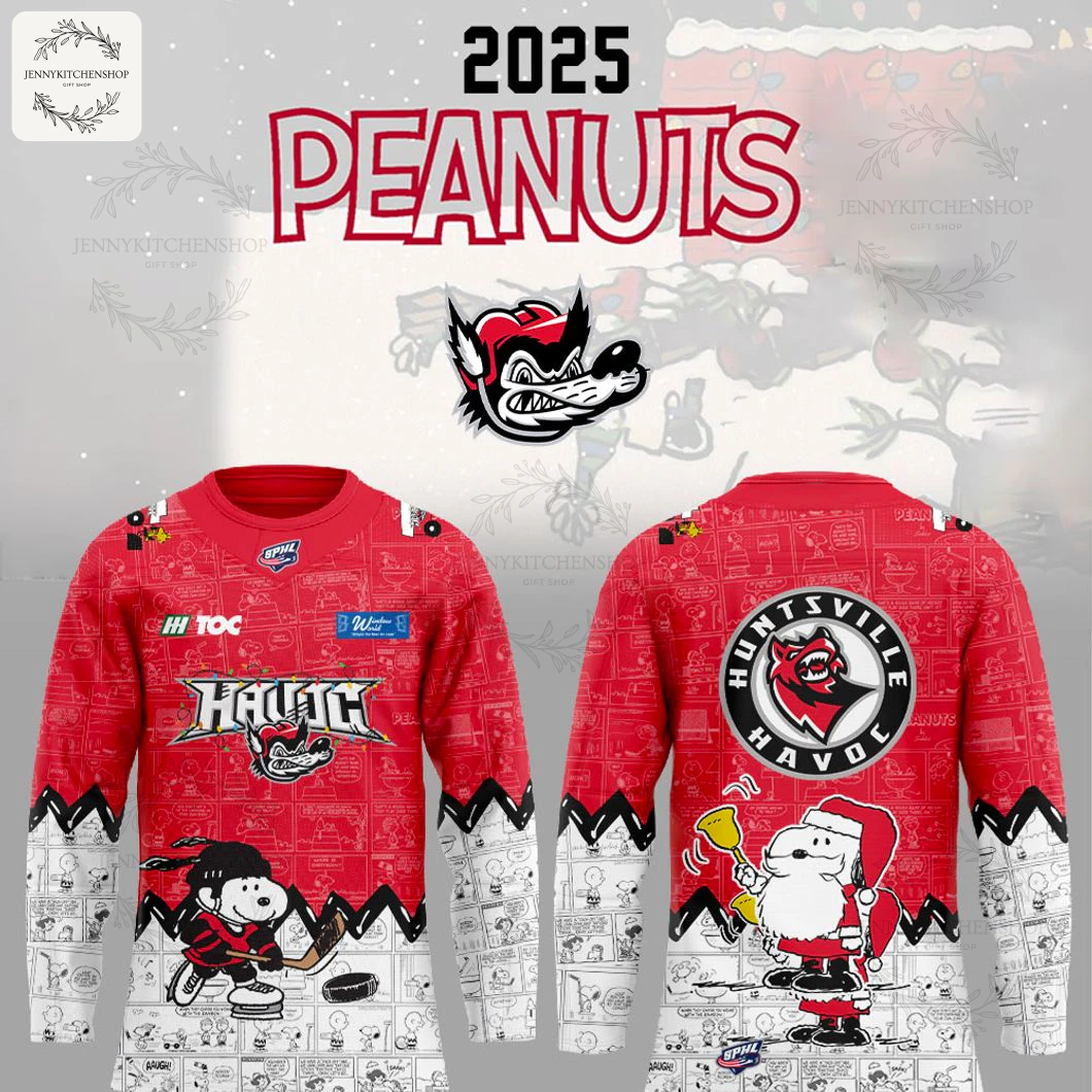 Promo image for the Huntsville Havoc x Peanuts 2025 jersey, showing front and back designs with Peanuts characters.