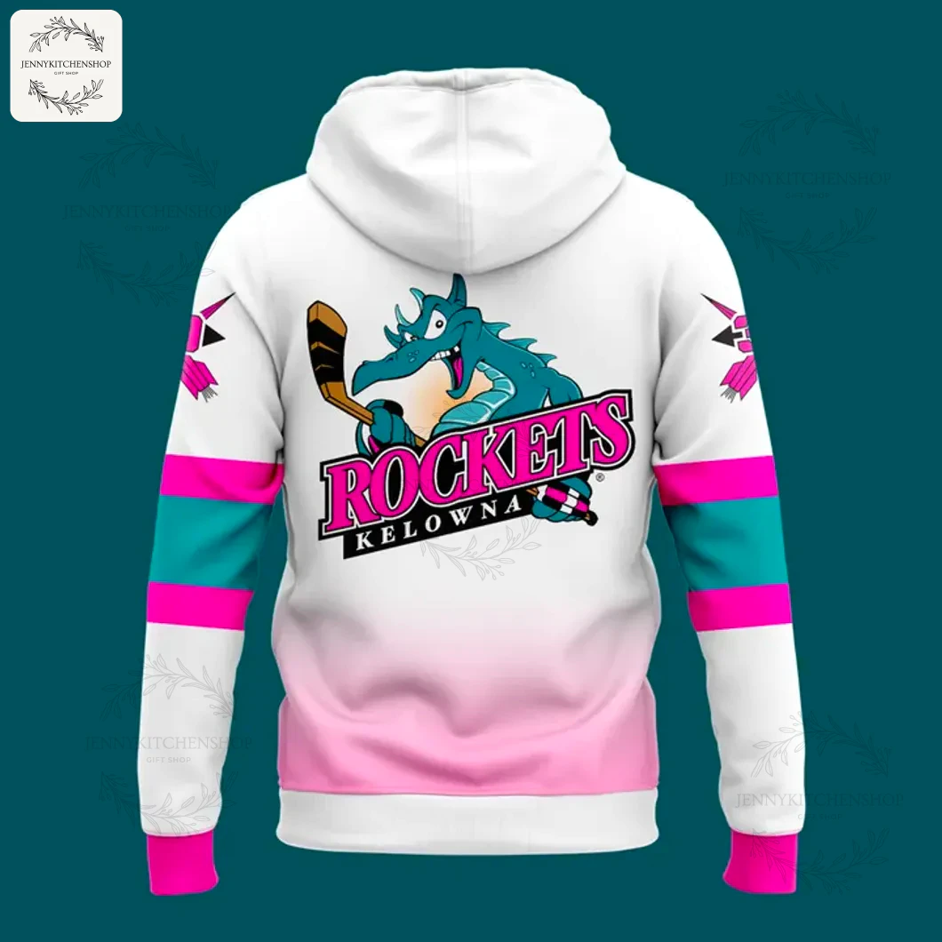 Back of the white Kelowna Rockets hoodie showing the classic Ogopogo mascot logo and the pink and teal sleeve bands.