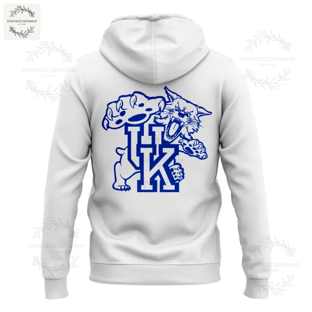 Back of the white Kentucky Wildcats zip hoodie featuring a blue graphic of a wildcat and bulldog over the UK logo.