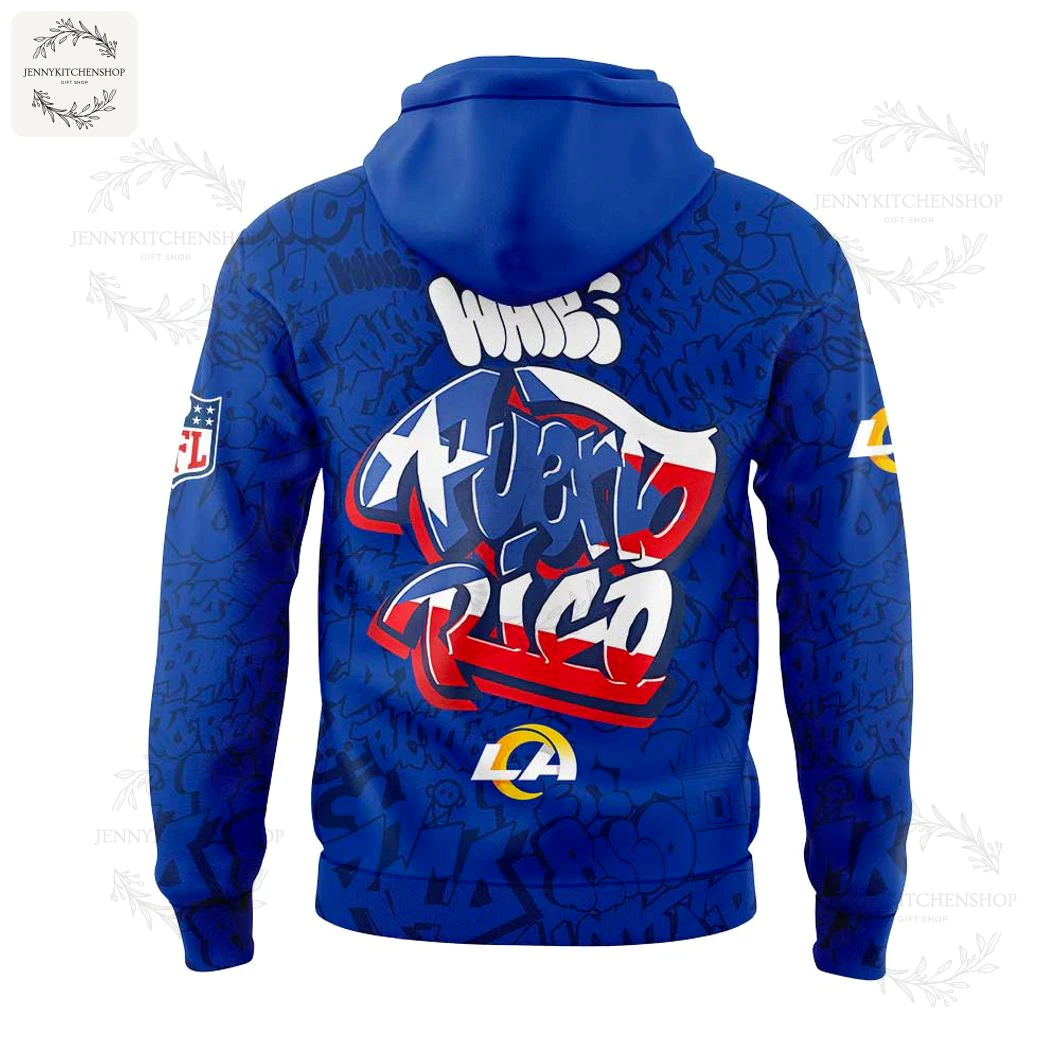 Back of the LA Rams Puerto Rico Heritage hoodie showing a large graffiti-style Puerto Rico graphic in red, white, and blue.