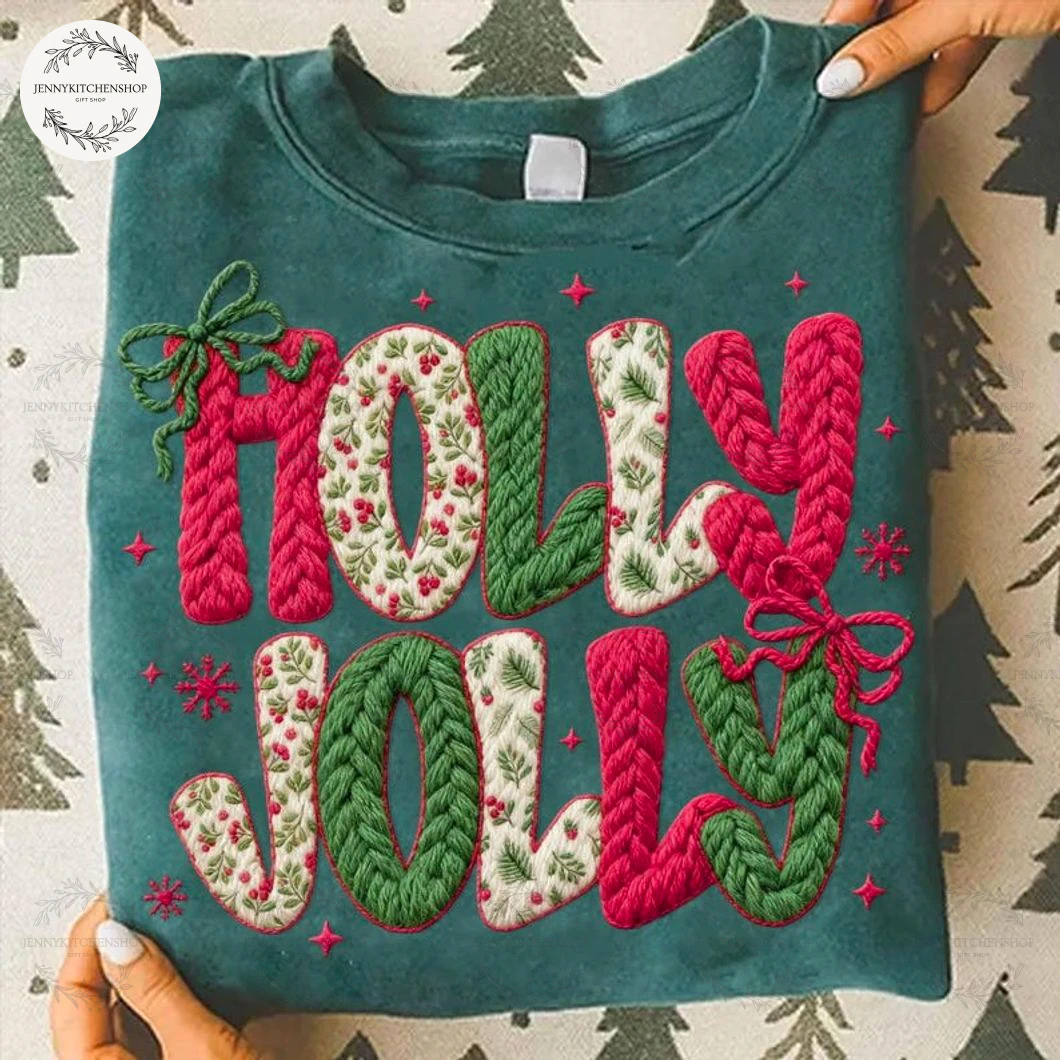Latch Hook Yarn Crochet Holly Jolly Christmas T-Shirt