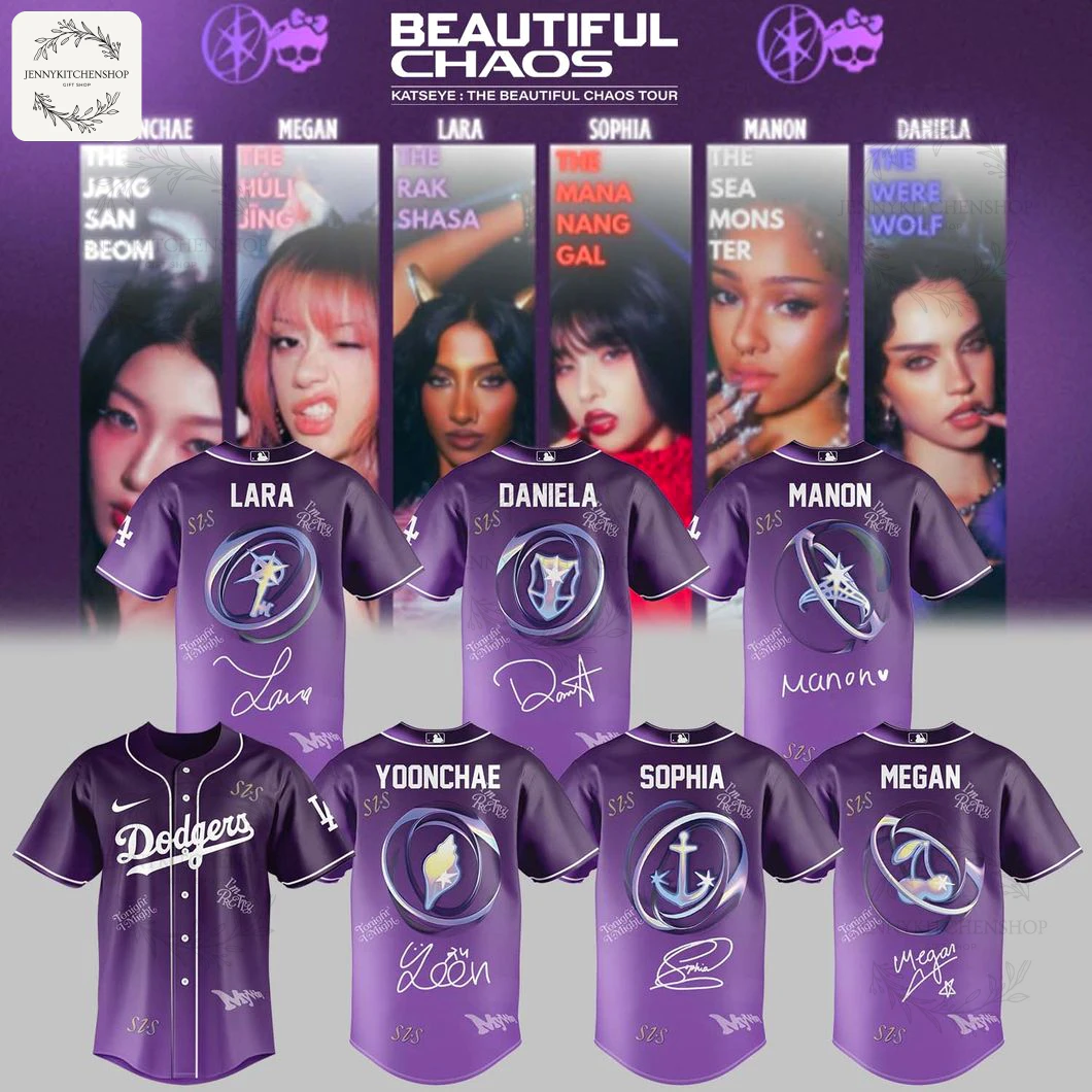 Front view of a purple button-up baseball jersey with white "Dodgers" script across the chest, Nike swoosh on the right shoulder, white piping on sleeves, subtle tour signatures and printed graphics on the lower front and hem.