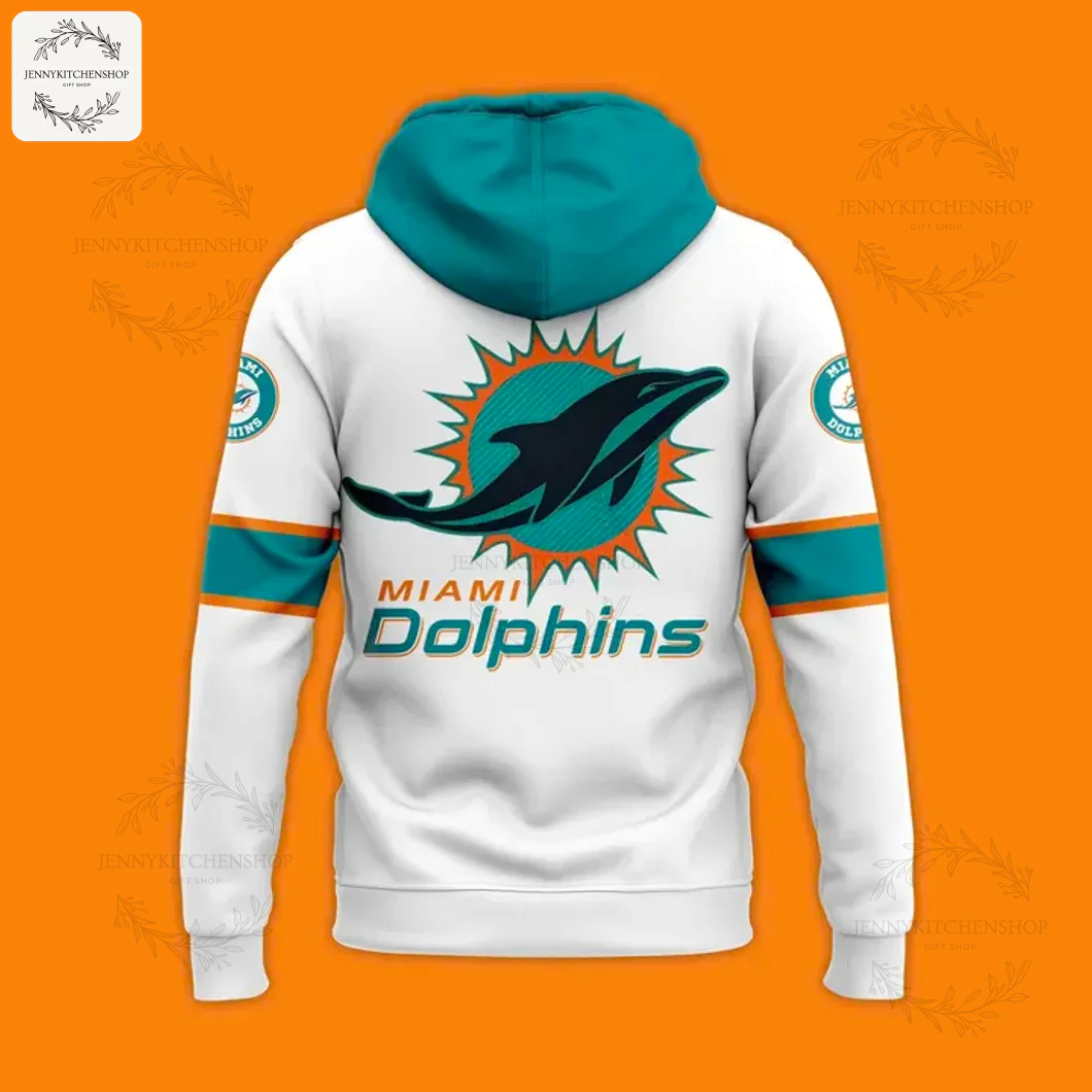 The back of the white Miami Dolphins hoodie featuring a large team logo and "Miami Dolphins" text across the back.
