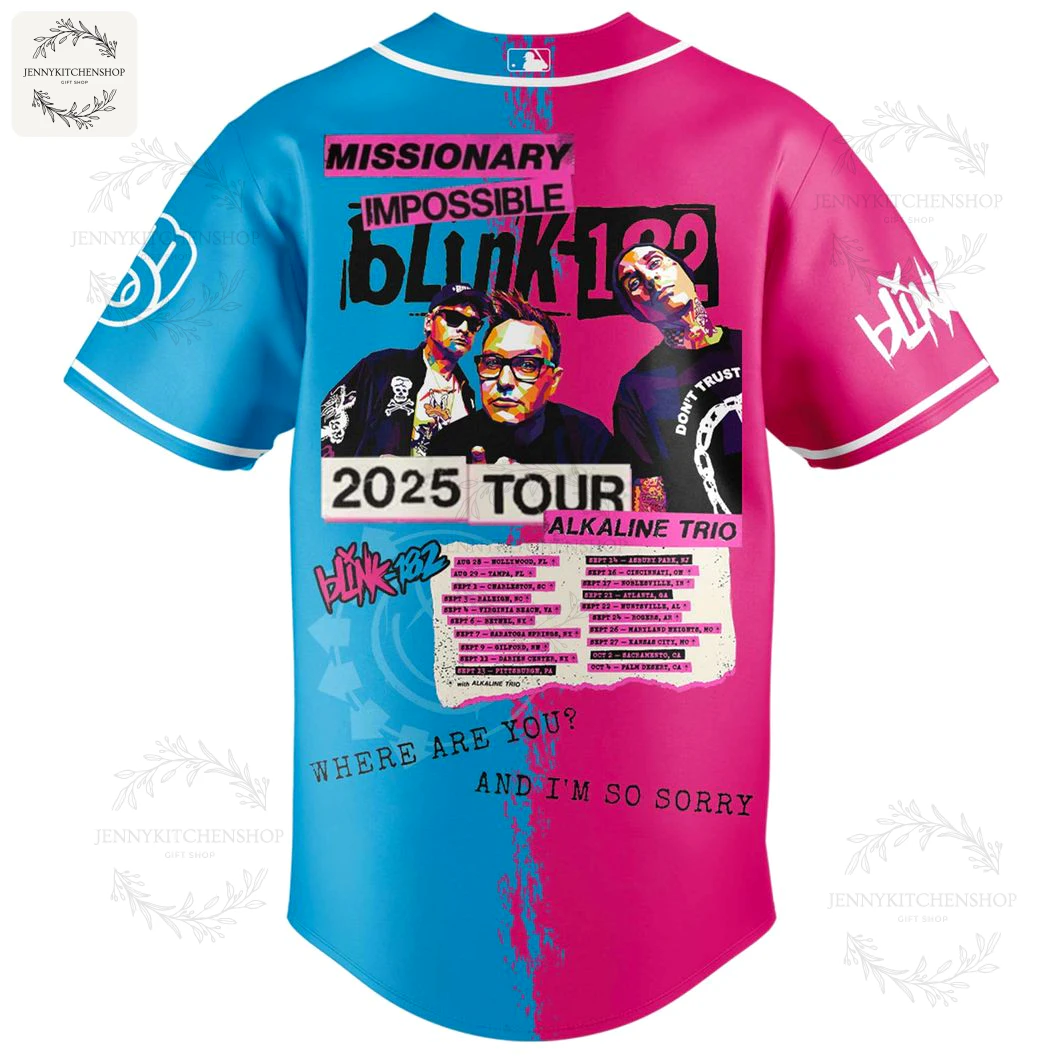 The back of the Milwaukee Brewers Blink-182 jersey, showing the "Missionary Impossible 2025 Tour" graphic with a band photo and tour dates.
