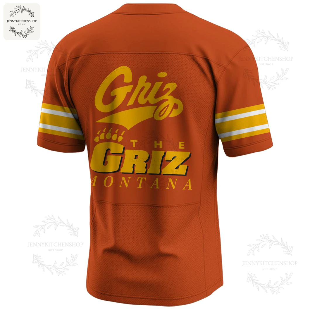 Angled back view of the orange Montana Grizzlies football jersey, showing the large yellow "Griz" script logo on the upper back.