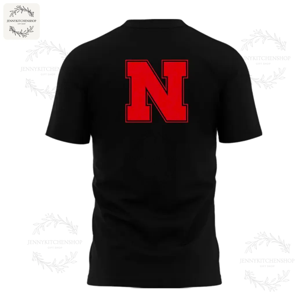 Back of the black Nebraska Huskers t-shirt showing the large red block letter 'N' logo centered on the upper back.