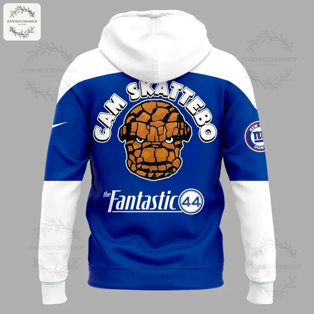Back of the NY Giants hoodie with a graphic of The Thing's head, the name "Cam Skattebo", and "the Fantastic 44" text.