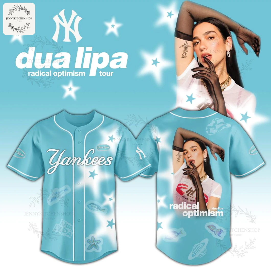 Promotional image of the New York Yankees Dua Lipa Radical Optimism tour baseball jersey, showing the front and back designs.