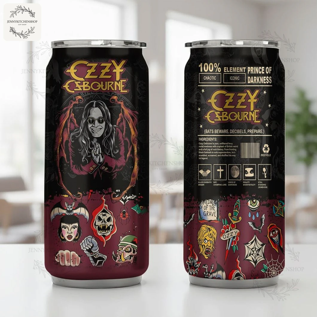 A clean view of the Ozzy Osbourne can tumbler on a white surface, highlighting the detailed Prince of Darkness graphics.