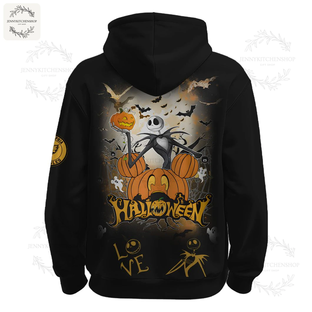 Back of a black hoodie featuring a large graphic of Jack Skellington from Nightmare Before Christmas holding a pumpkin surrounded by bats.