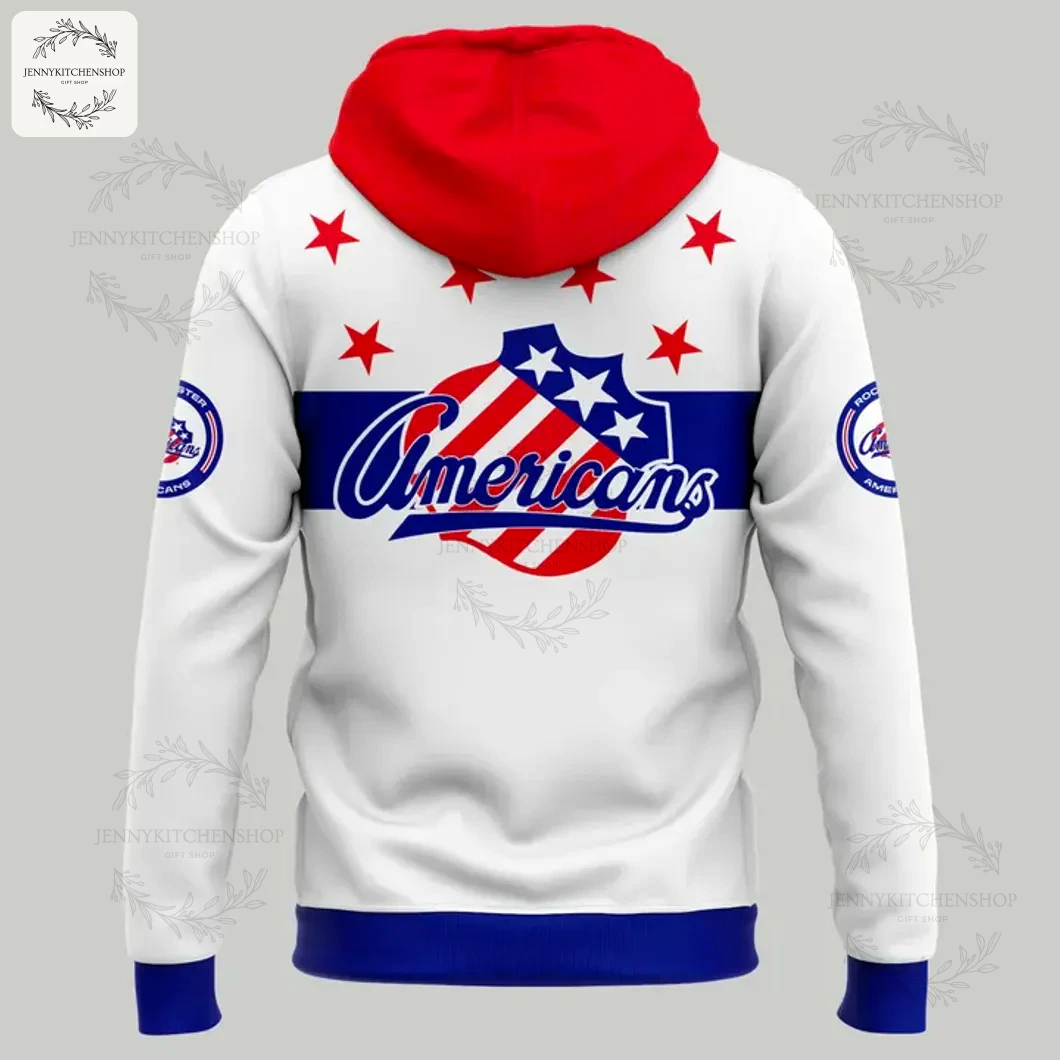 Back of the Rochester Americans 70th anniversary hoodie, showing the Americans script logo over a patriotic shield.