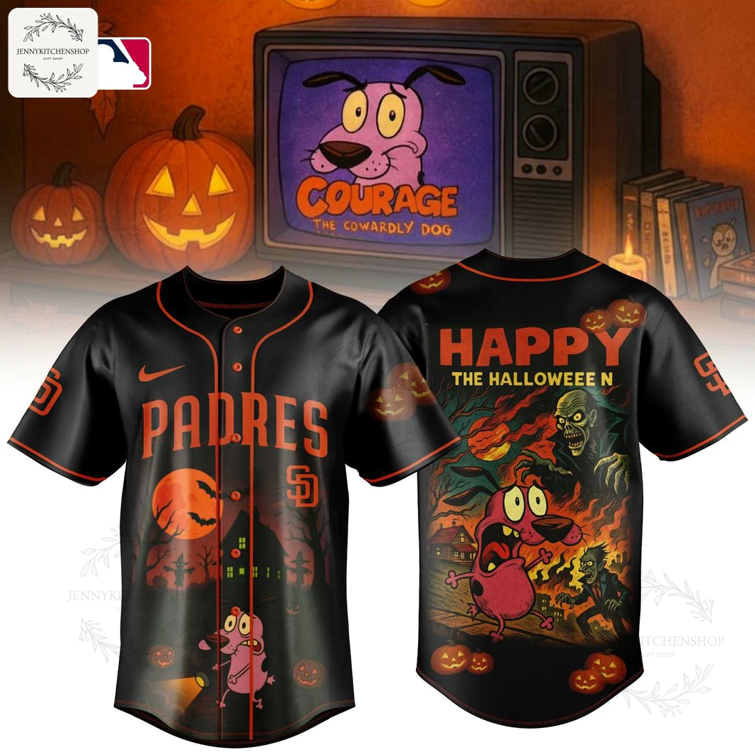 Front and back views of the San Diego Padres x Courage The Cowardly Dog Halloween jersey in black and orange with spooky graphics.