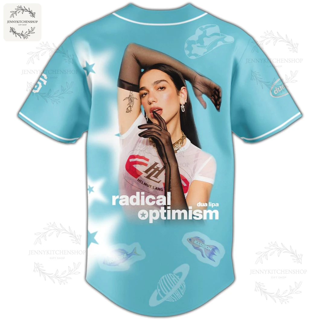 The back of the light blue baseball jersey featuring a large photo of Dua Lipa and the text Radical Optimism surrounded by stars.