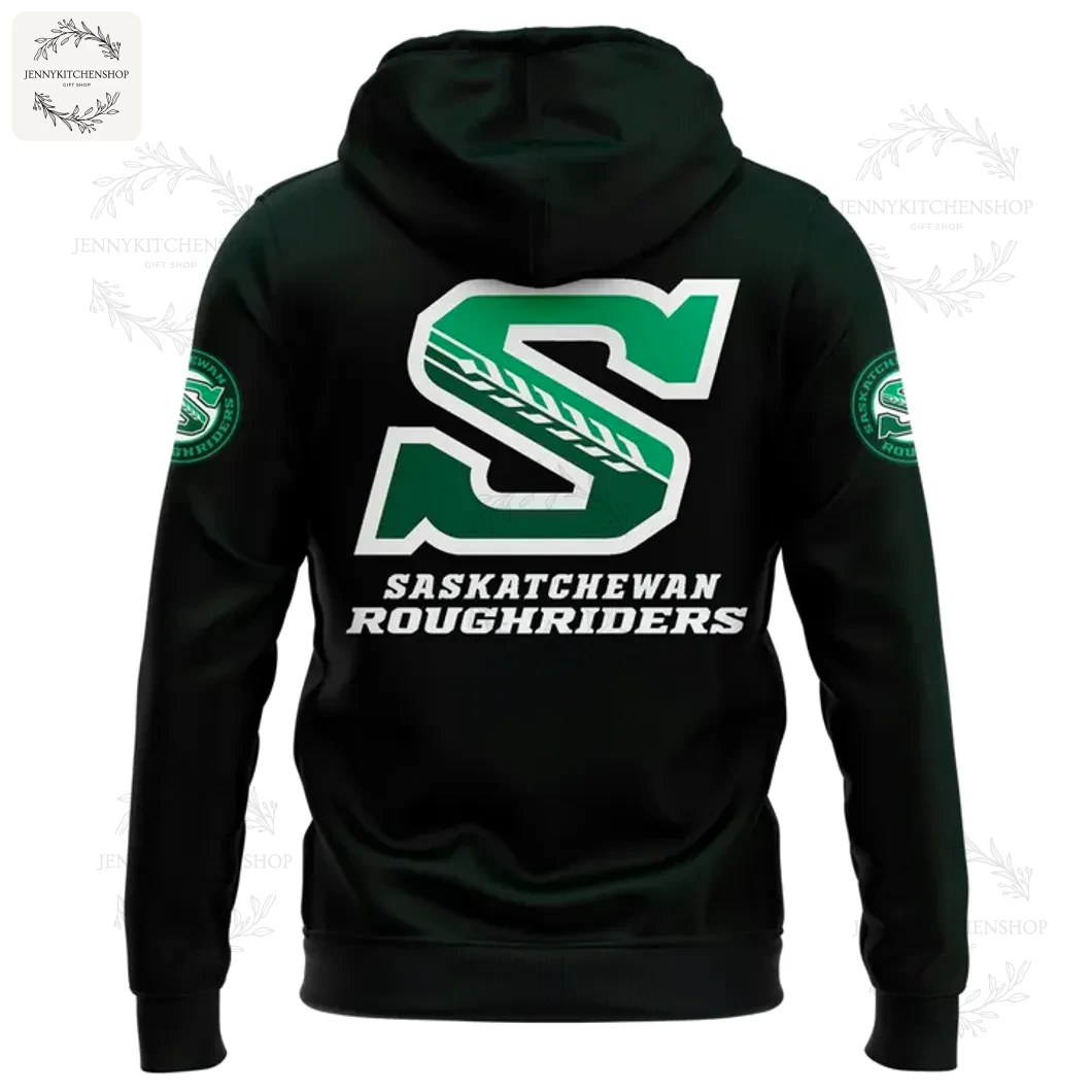 Back of the dark green Saskatchewan Roughriders 2025 hoodie with the large team 'S' logo and full team name printed below it.