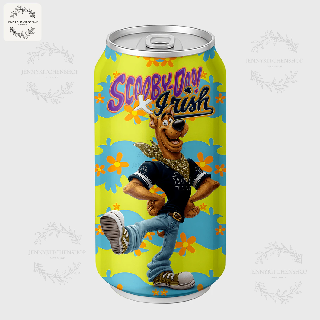 A Scooby-Doo x Fighting Irish Coca Tumbler showing Scooby-Doo in a fun kicking pose while wearing Notre Dame gear.