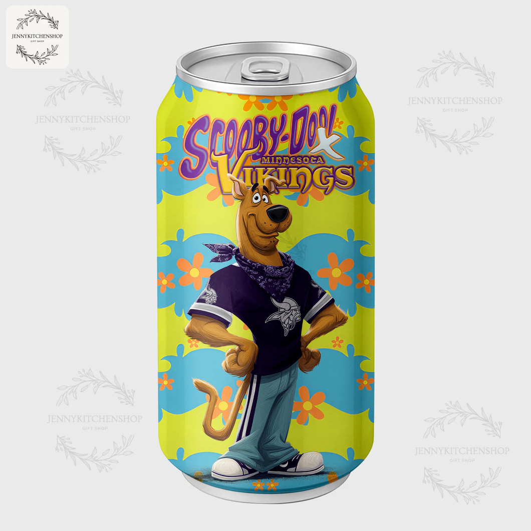 A single Scooby-Doo x Minnesota Vikings Coca Tumbler showing Scooby-Doo standing with hands on hips wearing a Vikings shirt.