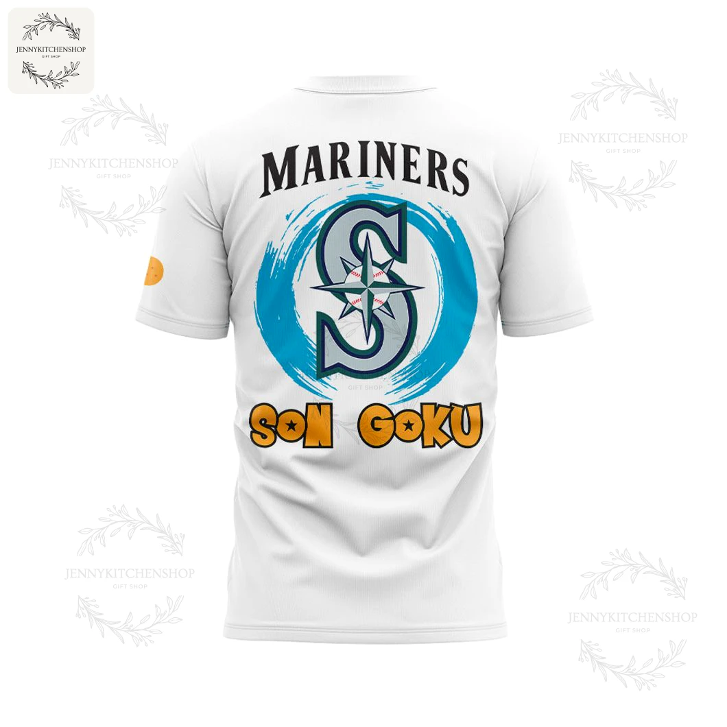 Back of the white t-shirt showing the Seattle Mariners 'S' logo with "MARINERS" and "SON GOKU" text printed on it.