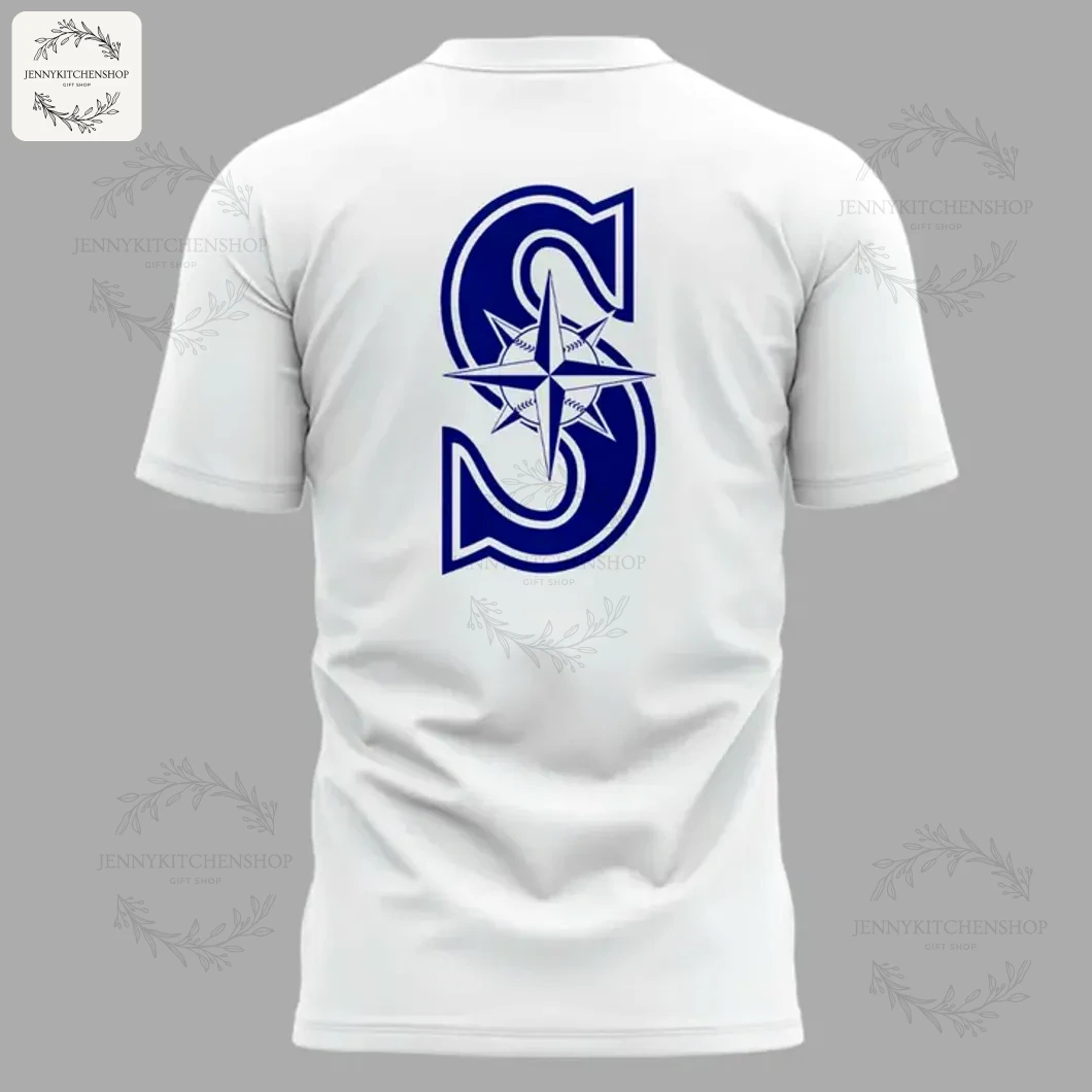 Close-up of the back of a white t-shirt featuring the large blue Seattle Mariners S compass rose logo.