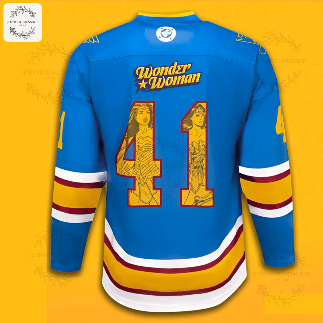 Close-up of the back of the St. Louis Blues hockey jersey showing the number 41 with Wonder Woman comic art inside.