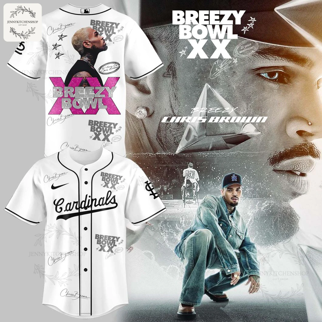 Front and back views of the white St Louis Cardinals Chris Brown Breezy Bowl XX jersey in a promotional collage.