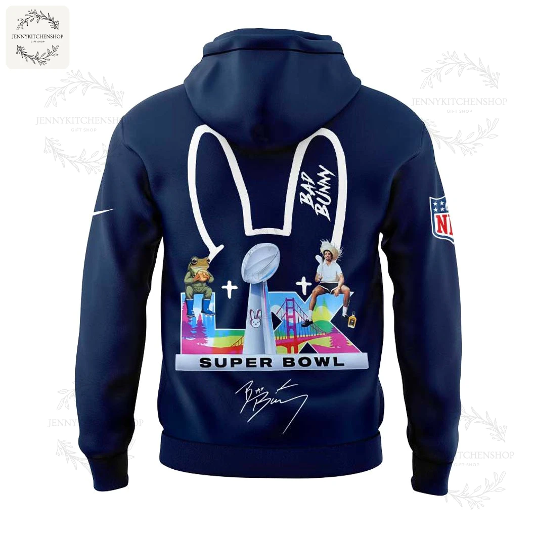 Back of the Tennessee Titans Bad Bunny hoodie showing a large Super Bowl graphic inside a white bunny ear outline.