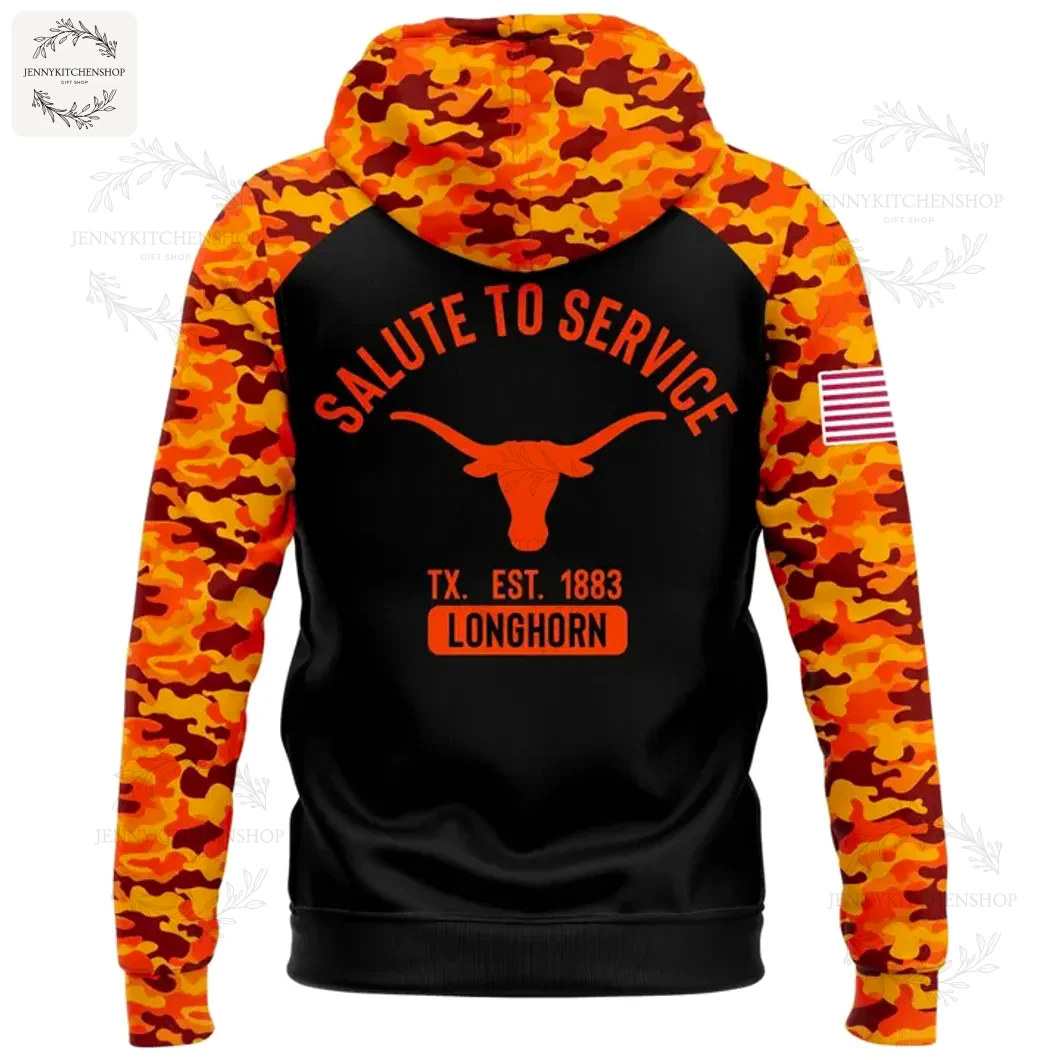 Back of the Texas Longhorns 2025 Salute To Service hoodie with "Salute To Service" text and logo on a black panel.
