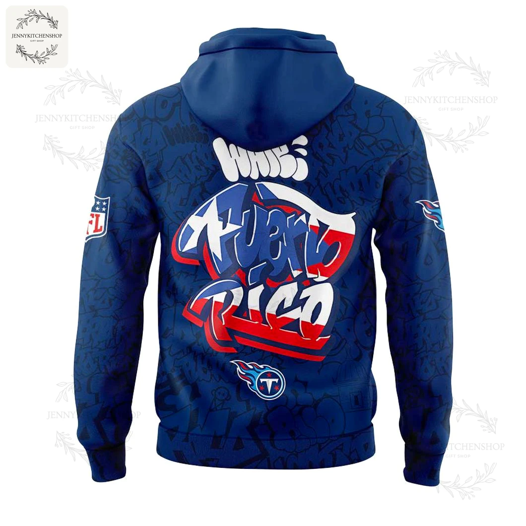 Back view of the Tennessee Titans Puerto Rico Heritage hoodie, featuring a large, stylized "Puerto Rico" graphic with flag colors.